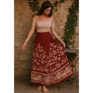 April Cornell Burgundy Maxi Skirt with Cream Floral Border